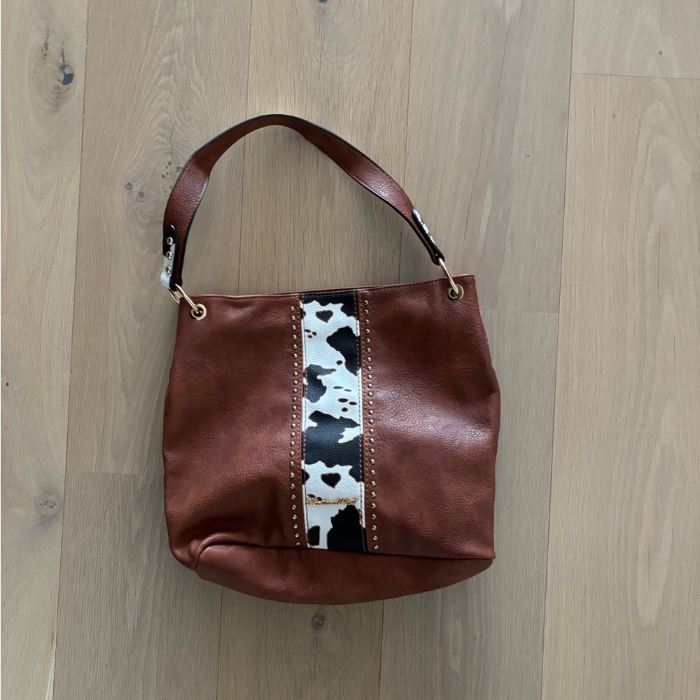 Brown Leather Tote Bag with Cow Print Accent